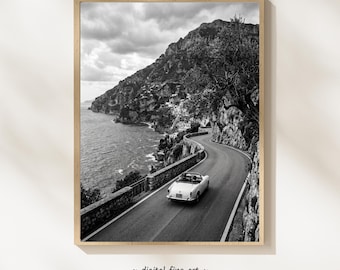Vintage Car Amalfi Coast Print, Old Money Aesthetic, Black and White Italy Poster, Luxury Travel Wall Art, Digital Download #CQ6M48
