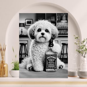 シーズー犬アルコールウォールアート、バーに座るシーズーのポスター、ジャックダニエルウイスキーボトル、犬ギフトアルコールプリント、犬用バーカート装飾 #AL20