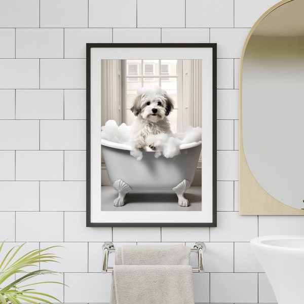 Havanese Dog in Tub Printable Wall Art | Dog Taking a Bath in Tub Photo | Havanese Dog in Bathroom Art Print | Stunning Digital Download