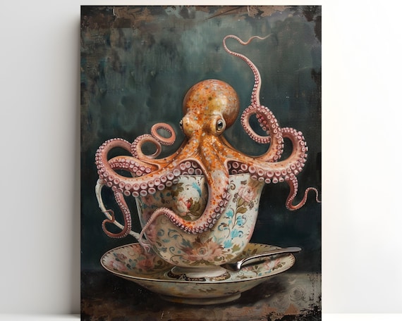 ティーカップに入ったタコの油絵、タコの装飾、ゴシック調のキッチン