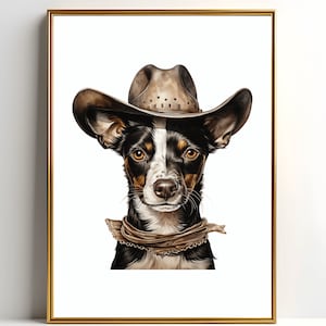 Puede incluir: Un perro blanco y negro con un sombrero de vaquero marrón y un pañuelo marrón. El perro está mirando directamente al espectador.