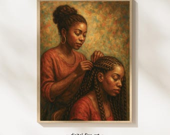 Arte mural con trenzas, descarga digital, retrato de moda con trenzas imprimible, impresión de diseño de interiores en negro, decoración afroamericana, #VGQA11
