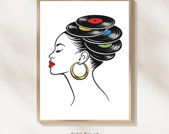 Vinyl Queen Fashion Art Print – Afrocentric Black Woman Portrait with Record Hair Minimalist Line Art Fashion, Digital Download #G3K00S