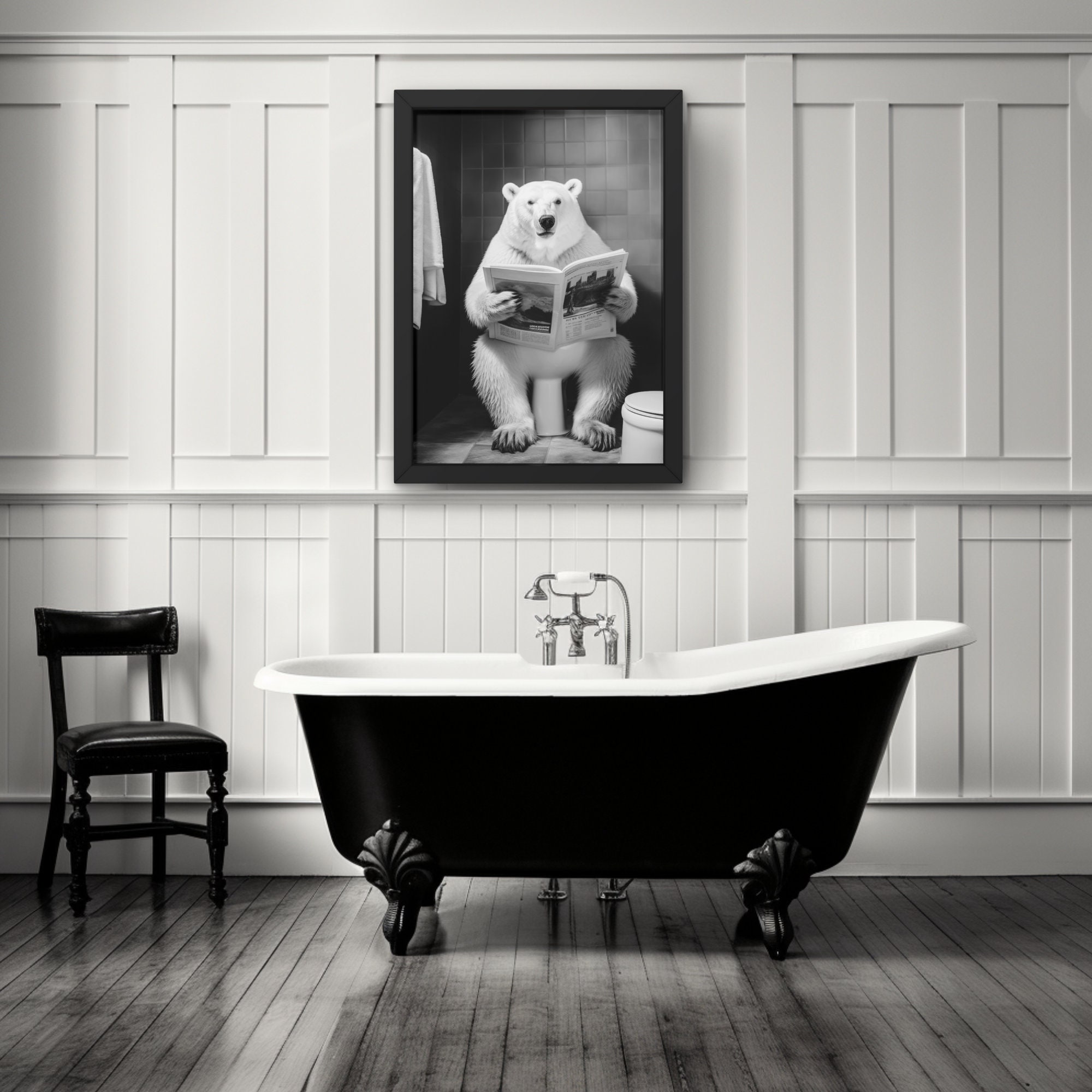 Polar Bear on Toilet Printable Wall Art Polar Bear Reading Paper Polar