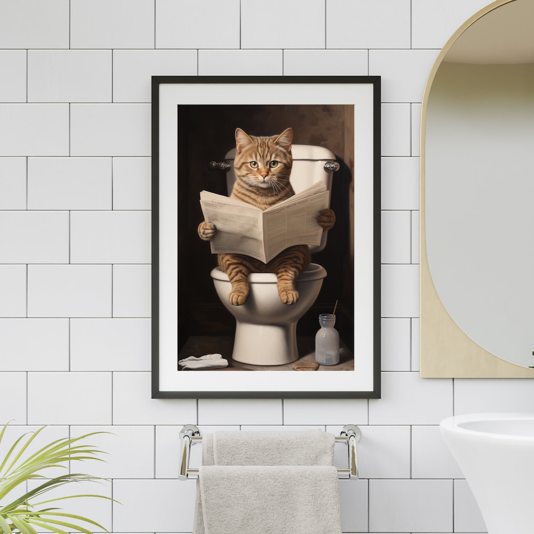 Ginger Tabby Cat in Toilet Printable Wall Art Cat Reading Paper Ginger