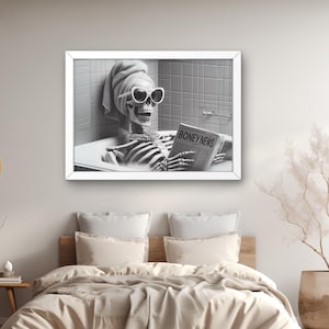 Prissy Skeleton in Tub Bathroom Wall Art, Skelly Taking a Bath reading newspaper, Guest bath decor, Halloween housewarming gift #AA1141