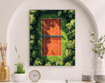Vue aérienne d'un court de tennis, match de tennis féminin, téléchargement numérique, décoration murale sportive, #GGR91Q24