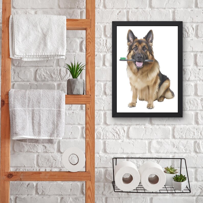 German Shepherd Dog Bathroom Wall Art Brushing Teeth Bathroom Art Print