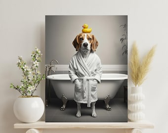 May include: A beagle dog wearing a white bathrobe and a yellow rubber duck on its head, standing in a white bathtub with a white tile background.