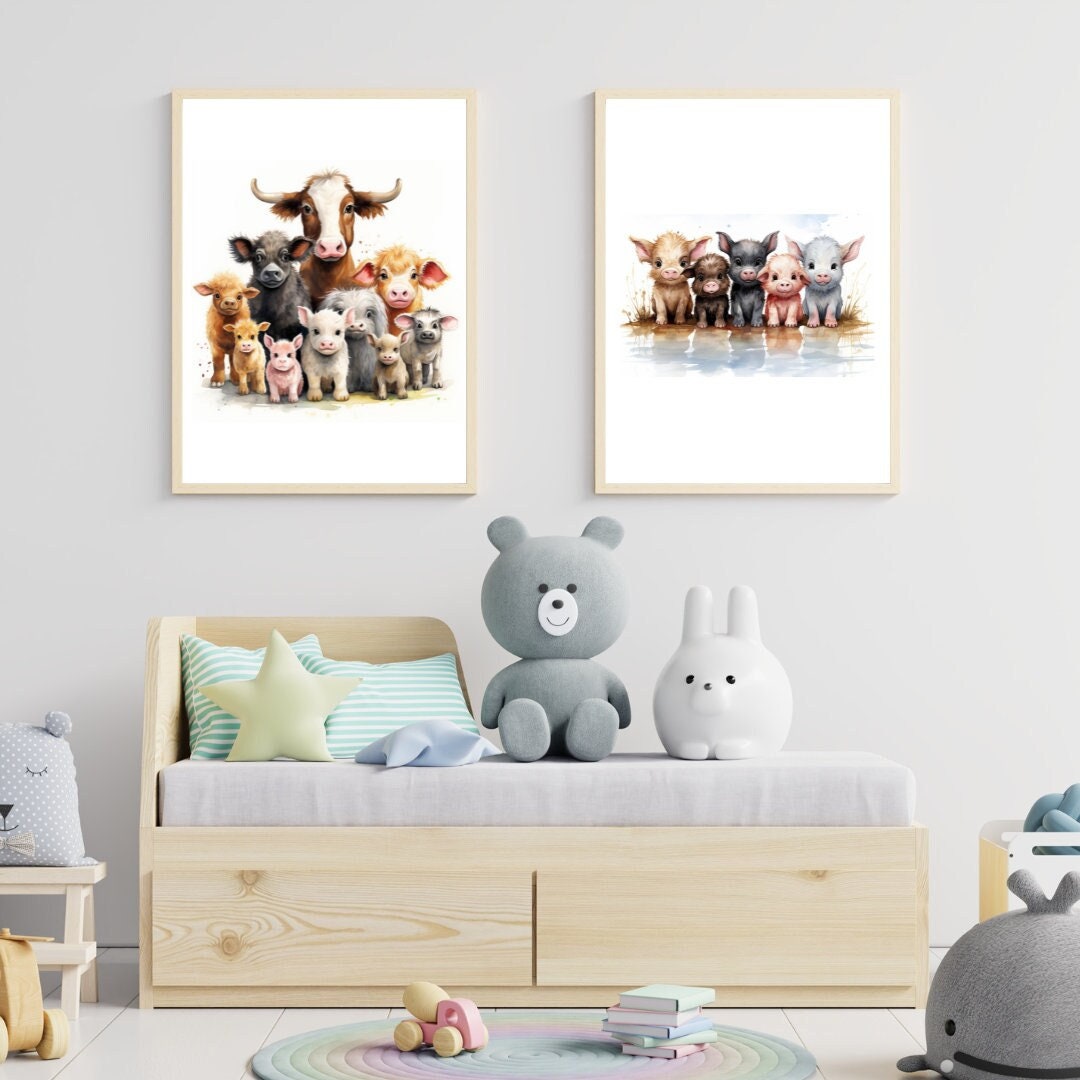 Whimsical Farm Animals Wall Art Set of Cows & Pigs Etsy