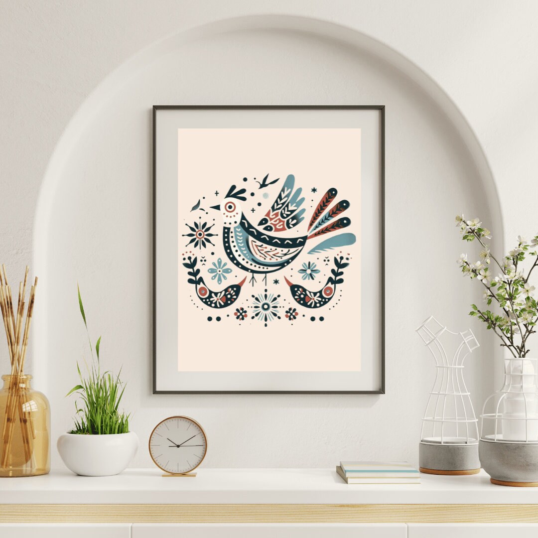 Scandinavian Folk Art, Nordic Bird and Flowers, Scandinavian