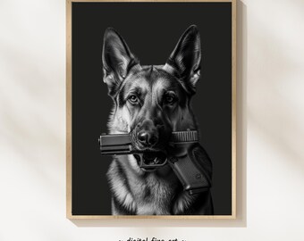 Duitse herdershond met geweerprint, digitale print, stedelijke hond afdrukbare gangsterposter, revolver geweer kunst aan de muur, 2e amendement, #9GV1TQ