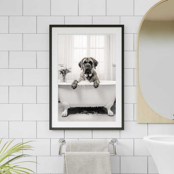 Bull Mastiff Dog in Tub Printable Wall Art | Dog Taking a Bath in Tub Photo |  Bathroom Art Print | Stunning Digital Download
