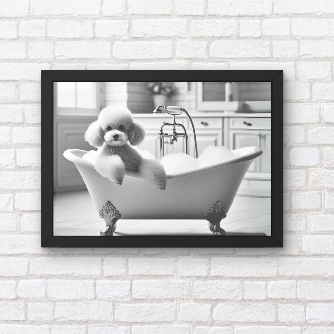 Toy Poodle Dog Wall Art, Bathroom Print, Dog Taking a Bubble Bath in ...