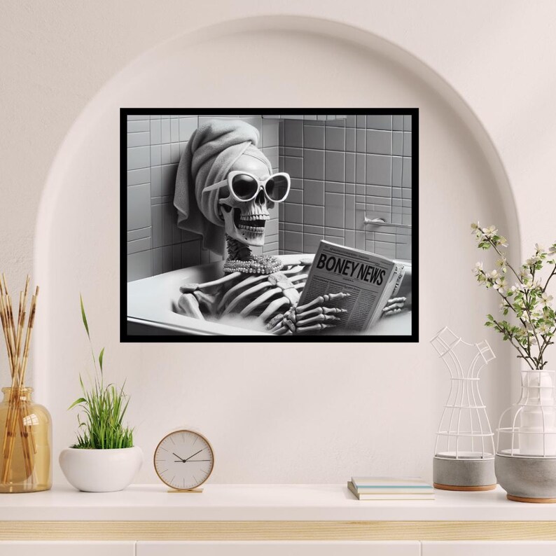Prissy Skeleton in Tub Bathroom Wall Art, Skelly Taking a Bath reading newspaper, Guest bath decor, Halloween housewarming gift #AA1141
