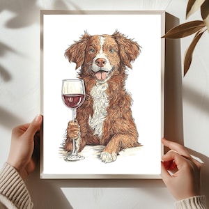 ノバスコシア ダック トーリング レトリーバー犬の壁アート、恋人への贈り物、ワインを飲む犬、アルコール バー カートの装飾、新築祝いの贈り物、ミニマリスト #AL65
