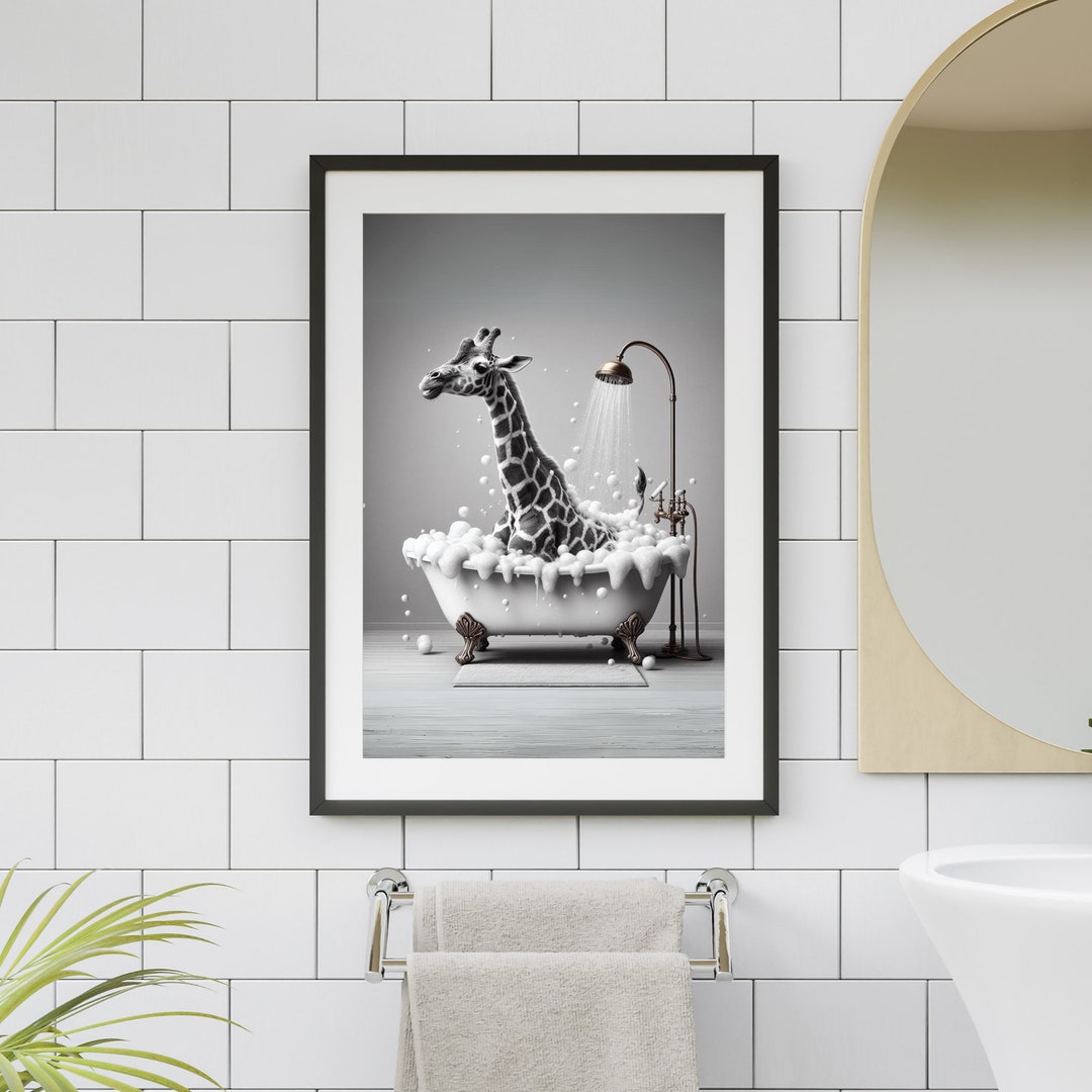 Giraffe in Tub Bathroom Wall Art, Giraffe Taking a Shower in Tub Print, Guest Kids Bath Decor ...