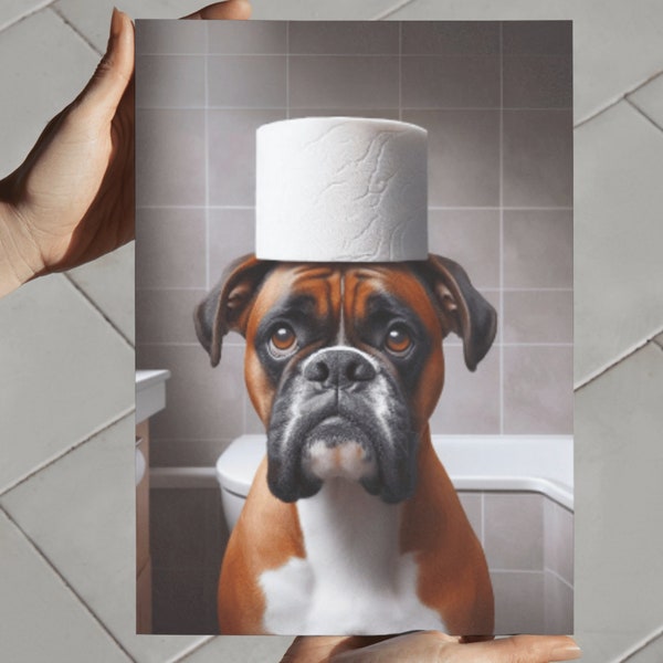 Art mural de salle de bain pour chien boxer, chien avec du papier toilette sur la tête, décoration murale, impression pour salle de bain pour enfants, cadeau pour les amoureux des chiens, impression animal drôle