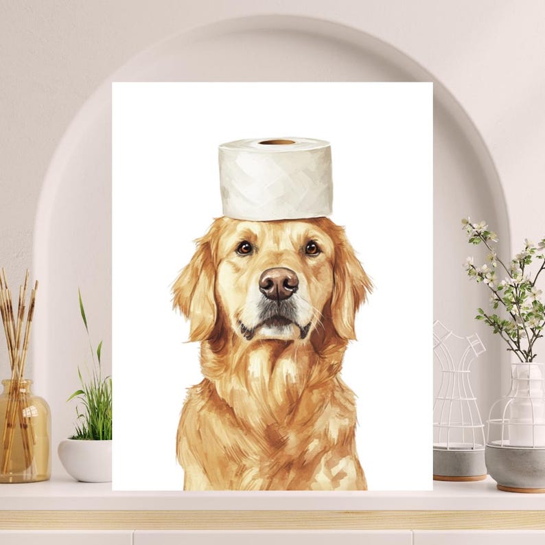 May include: A watercolor painting of a golden retriever dog wearing a toilet paper roll as a hat. The dog is looking directly at the viewer with a serious expression.