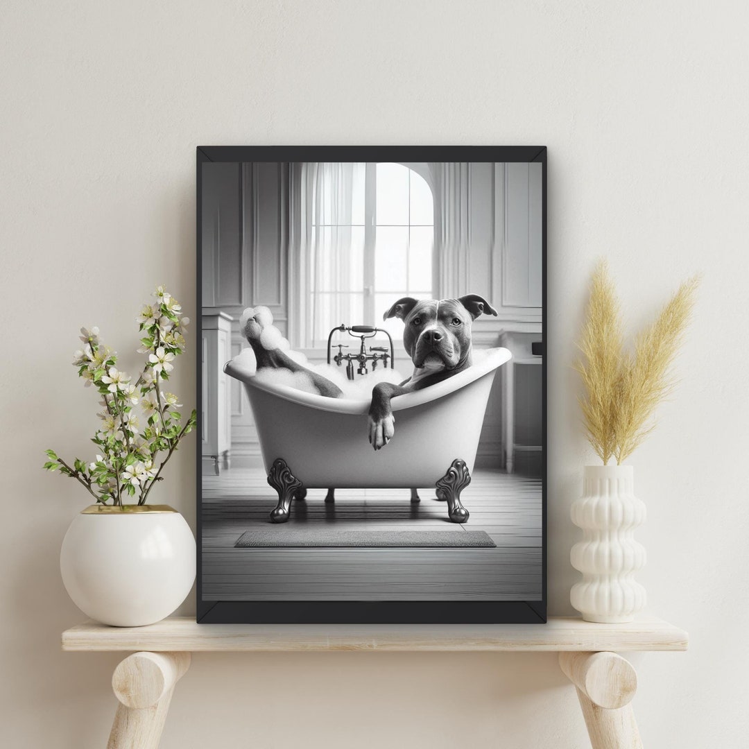 Pitbull Terrier Dog in Tub Printable Wall Art | Dog Taking a Bubble ...