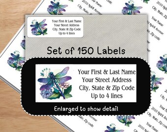 Dragonfly Flowers Address Labels, Blue Purple Floral Return Mailing Stickers, cards, stationary, envelopes, personalized tags housewarming