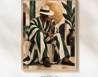 Art mural abstrait afro-américain, téléchargement numérique, mode masculine, impression pour décoration intérieure noire, décor mélanine, rayures vertes #H551S