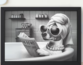 Puede incluir: Una foto en blanco y negro de un perro con gafas de sol y una toalla en la cabeza, relajándose en una bañera y leyendo un periódico titulado "Dog News".