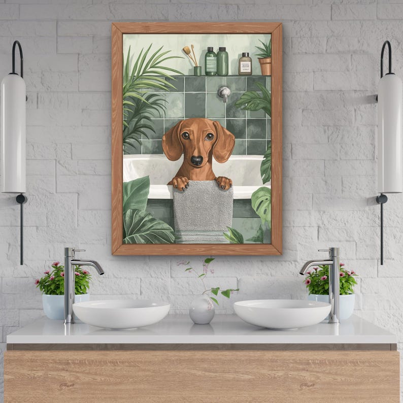 Dachshund Dog in Bathtub Printable Wall Art, Weenie Dog Bathroom Print ...