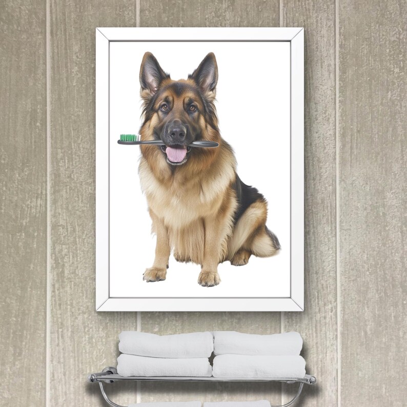 German Shepherd Dog Bathroom Wall Art Brushing Teeth Bathroom Art Print