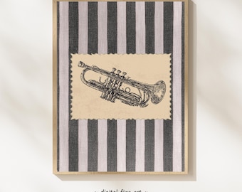 Vintage stempel, kunst aan de muur trompet: cadeau voor muziekliefhebbers, gestreept zwart-wit, decor koperblazers, muzikale print, muzikant #290W24