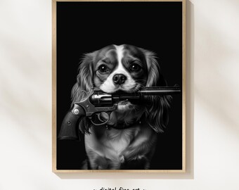 Cavalier King Charles-hond met geweerprint, digitale print, stedelijke hond afdrukbare gangsterposter, poster revolver, revolver pistool muurkunst, 2e amendement #GV991TQ