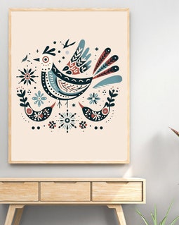 Scandinavian Bird Print: Nordic Folk Art, Swedish Design (digital
