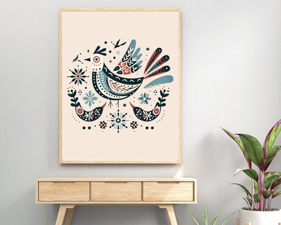 Scandinavian Folk Art, Nordic Bird and Flowers, Scandinavian