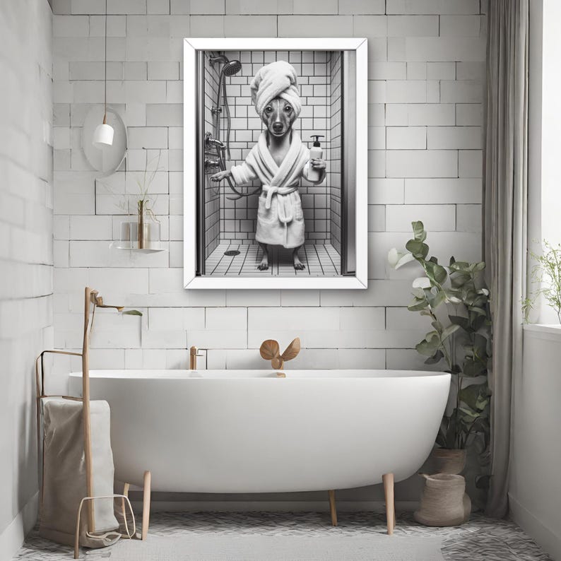 Rat Terrier Dog Bathroom Wall Art, Rat Terrier in Bathrobe and Shower