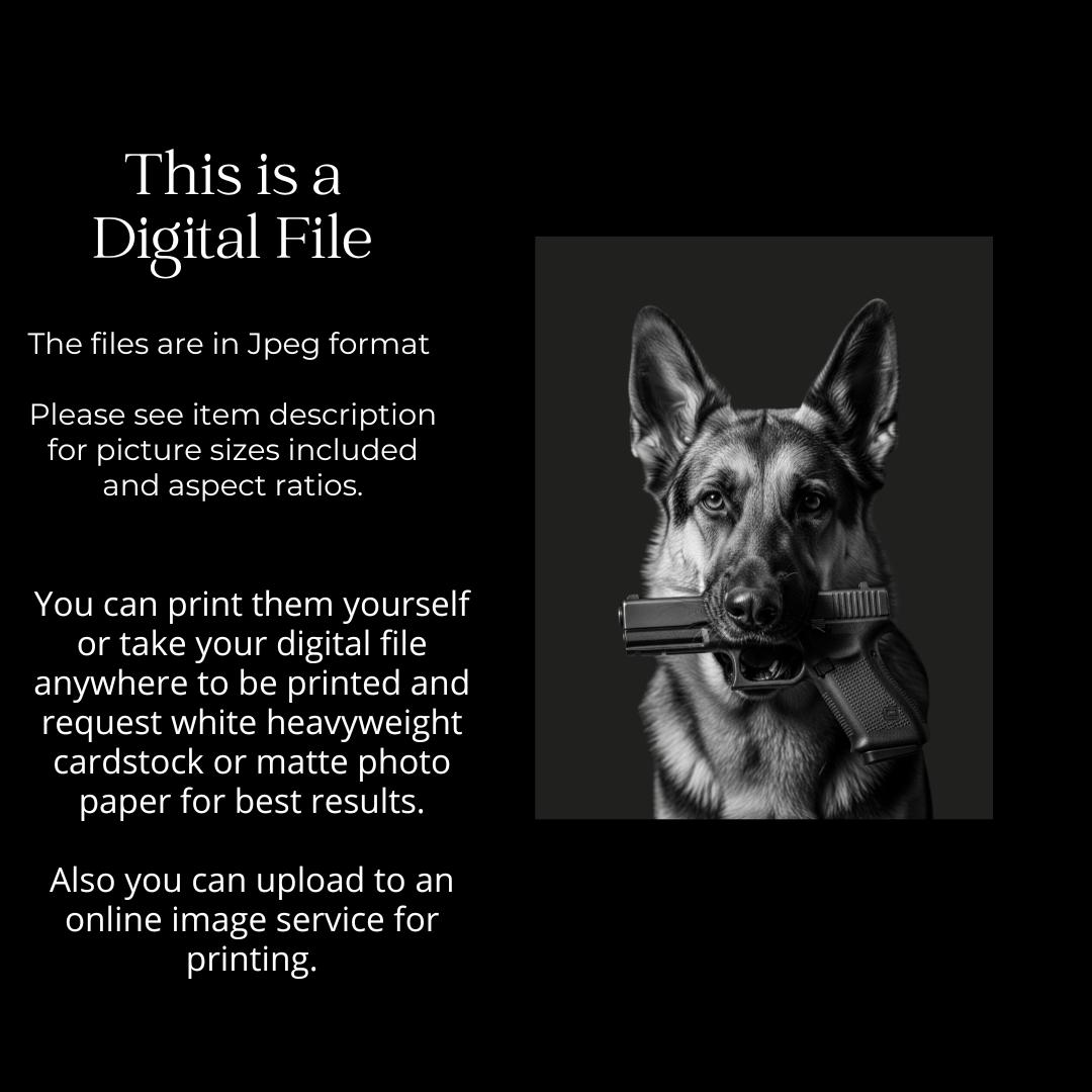 German Shepherd Dog With Gun Print, Digital Print, Urban Dog