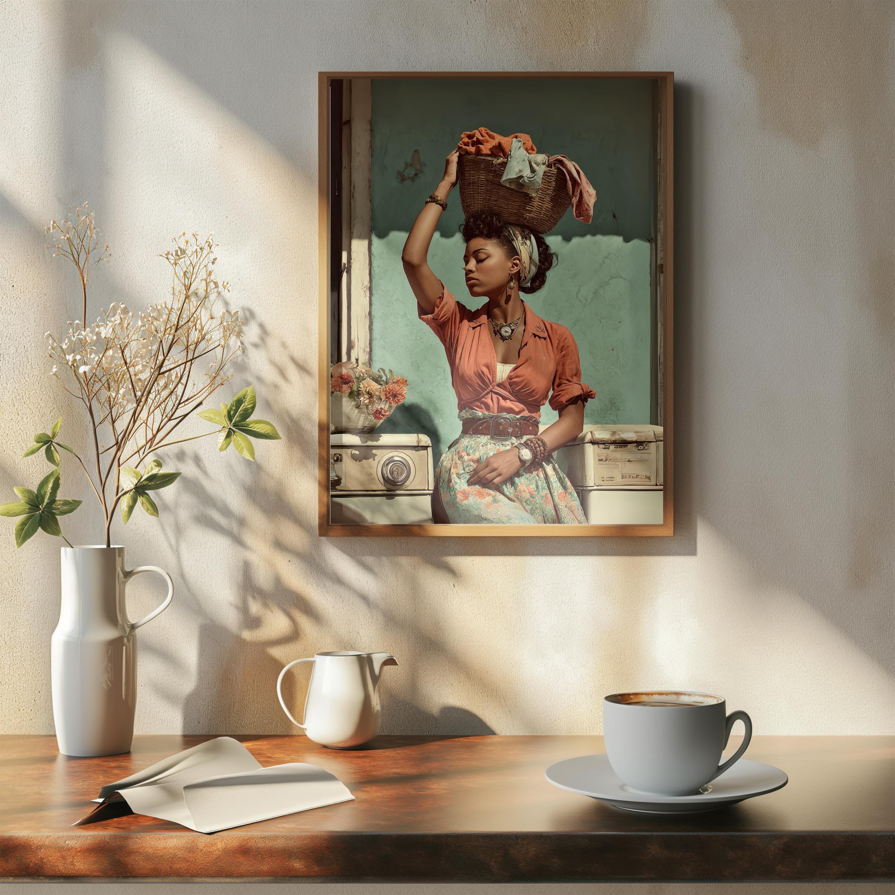 1950年代の洗濯日アートプリント：黒人女性主婦、アフロセントリックな