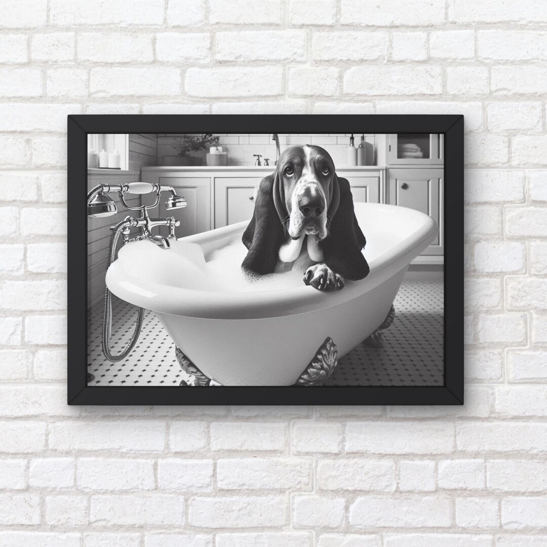 Basset Hound Dog in Tub Printable Wall Art | Dog Taking a Bubble Bath ...
