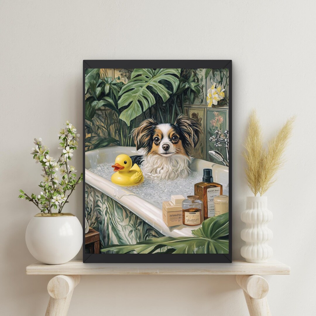 Papillon Dog in Bathtub Printable Wall Art, Dog Taking a Bubble Bath in ...