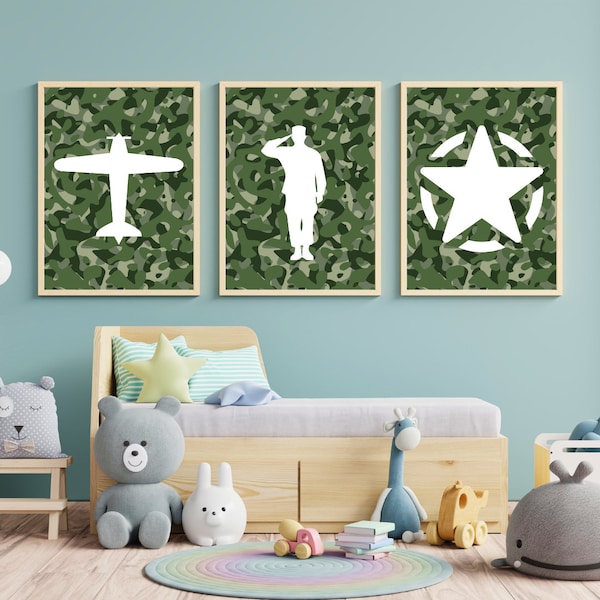 Boys' Nursery Room Wall Art -Military Army Soldier, Star and Plane for Playrooms, Game Rooms, and Military Enthusiasts