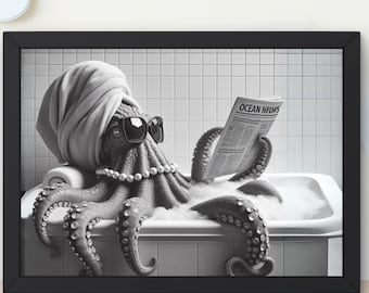 Octopus in Tub Art Print: Funny Bathroom Decor (Digital Download) #BR81