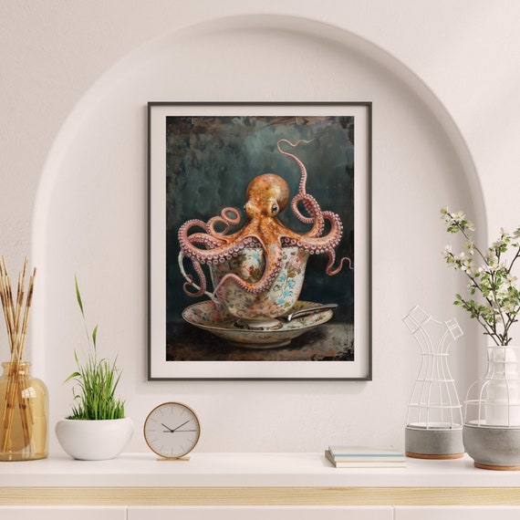 ティーカップに入ったタコの油絵、タコの装飾、ゴシック調のキッチン