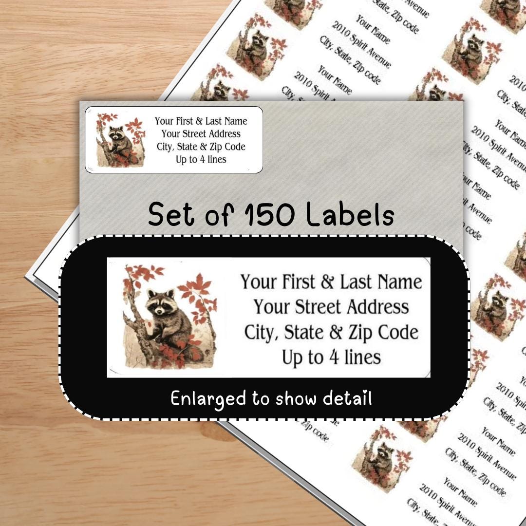 Raccoon Address Labels, Rustic Woodland Animal, Return Mailing Stickers ...