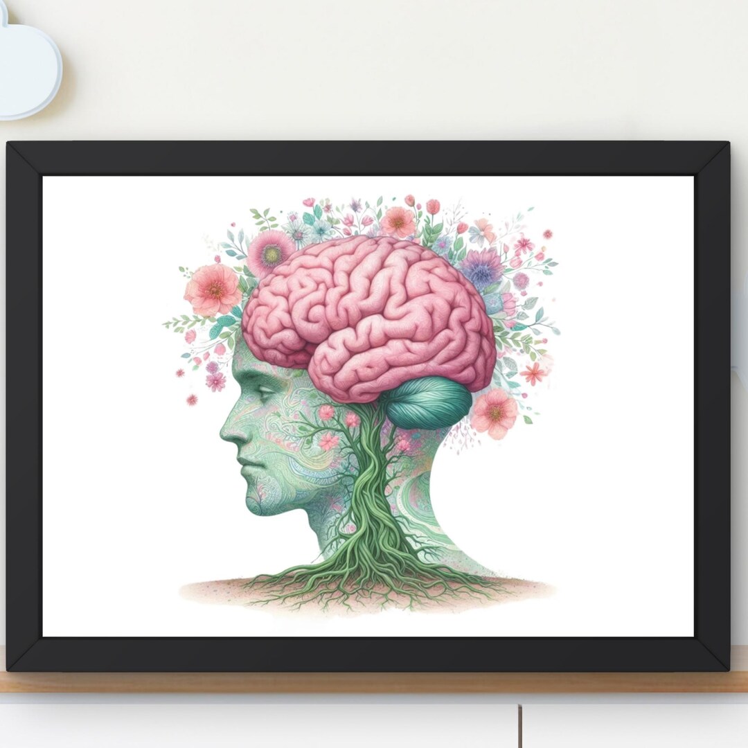 Floral Brain Watercolor Wall Art Print, Botanical Anatomy Poster ...
