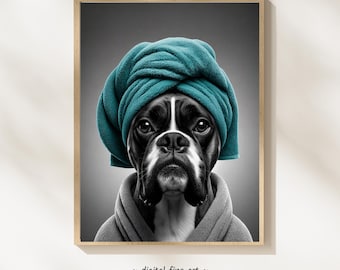 Boxer Dog Bathroom Printable Wall Art, Teal Headwrap Dog Photo, Guest Kids Bathroom Decor (Digital Download)  #BPR235