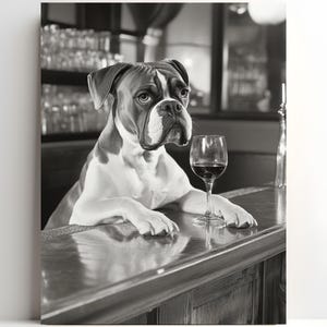 ボクサー犬のアルコールウォールアート、バーに座るボクサーのポスター、ワイン愛好家、バーカートの装飾、サルーン居酒屋レストランのプリント、新築祝い #AL46