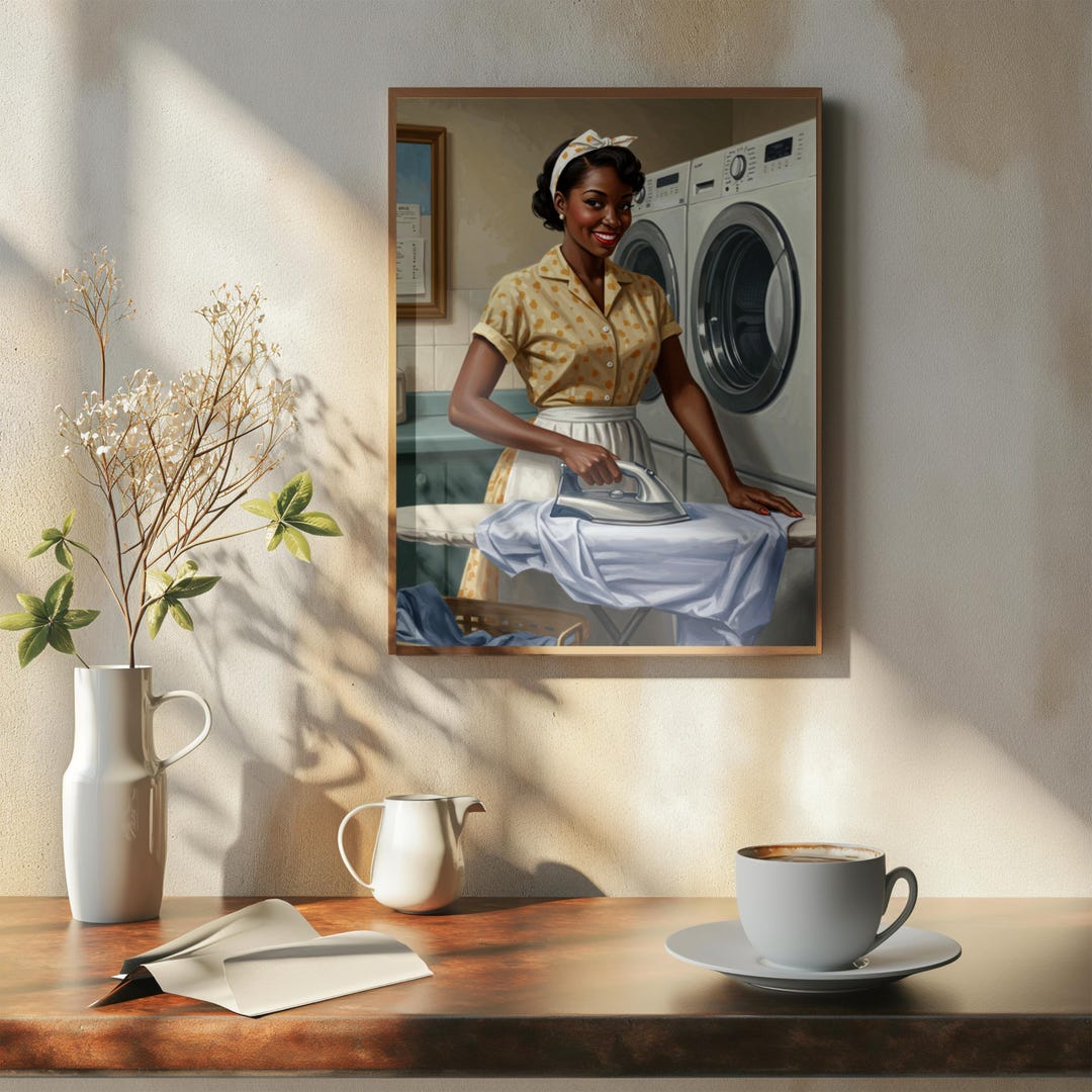 1950年代の洗濯日アートプリント：黒人女性の主婦、ミッドセンチュリー