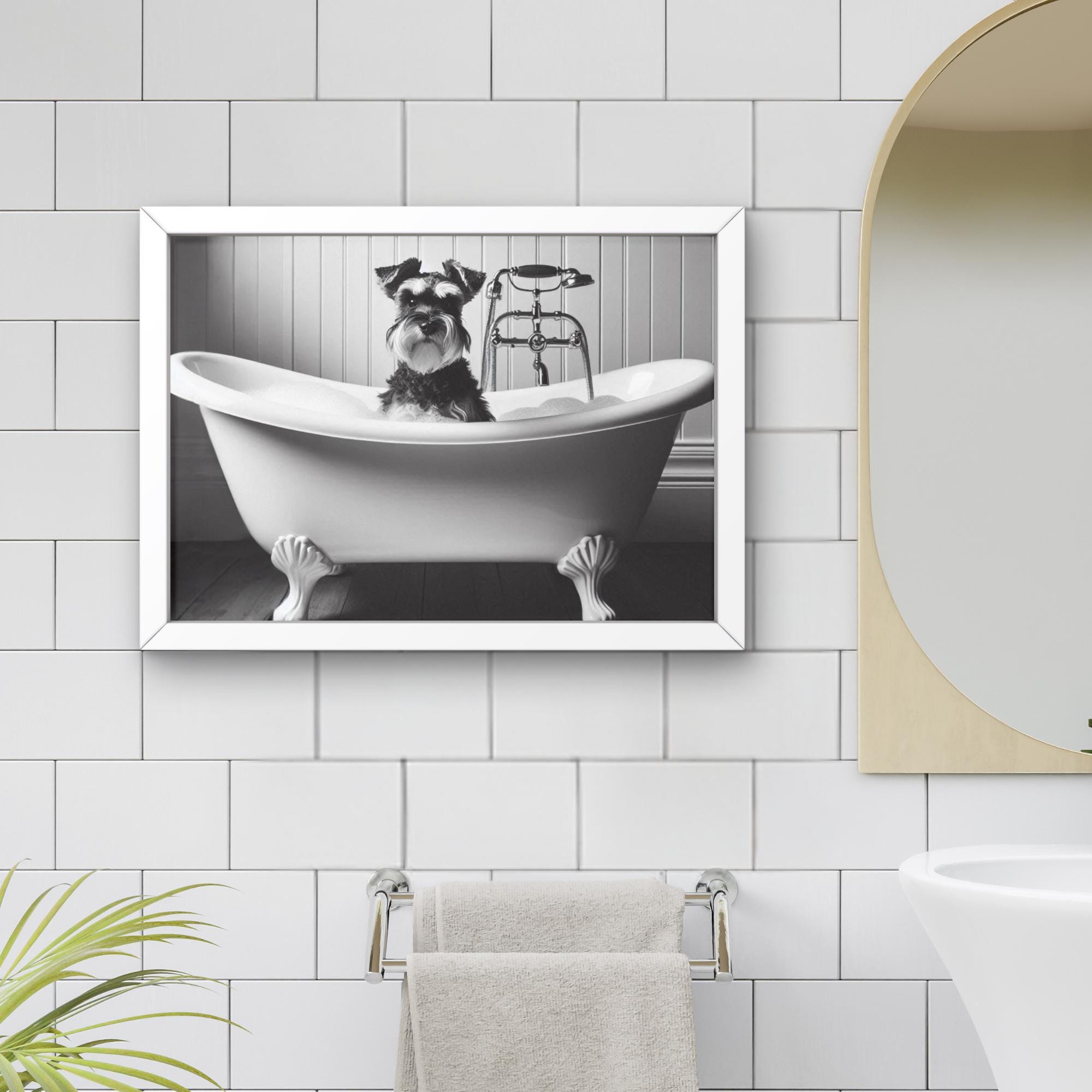 Miniature Schnauzer Dog in Tub Printable Wall Art | Dog Taking a Bubble ...