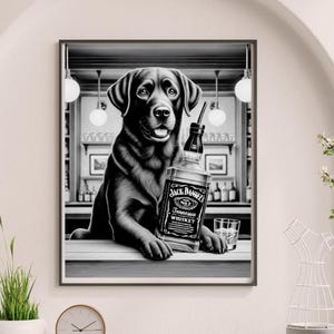 ブラックラブラドール犬アルコールウォールアート、ラブラドールレトリバーバーポスター、ジャックダニエルウイスキーボトル、犬用ギフト、アルコールプリント犬用バーカート装飾 #AL18
