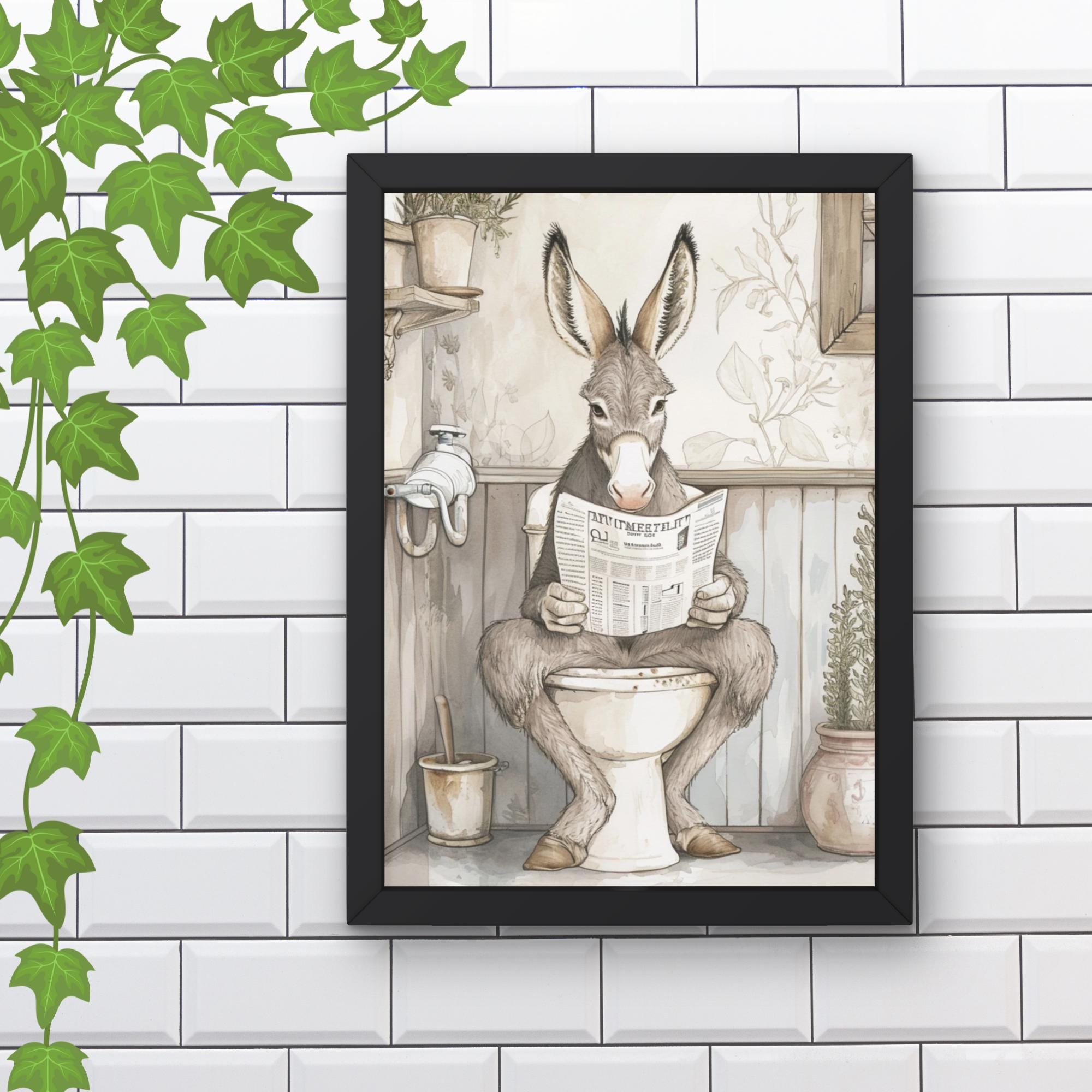 Asino sul water, immagini di idee per il bagno, immagine divertente del cane, decorazione artistica da parete, regali di asino, poster di asino di idea regalo, download digitale - Italia