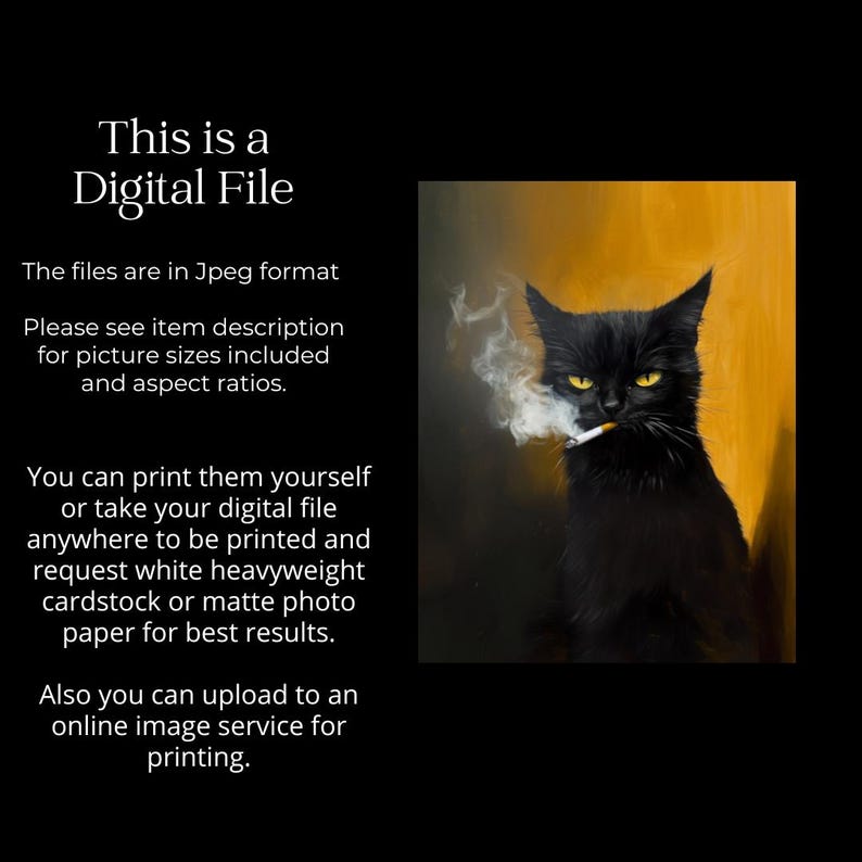 Cuadro de gato negro, gato fumando un cigarrillo, arte mural de gato, impresión para amantes de los gatos, retrato de gato, regalo único, cuadro de gatito negro, n.° P121 imagen 9